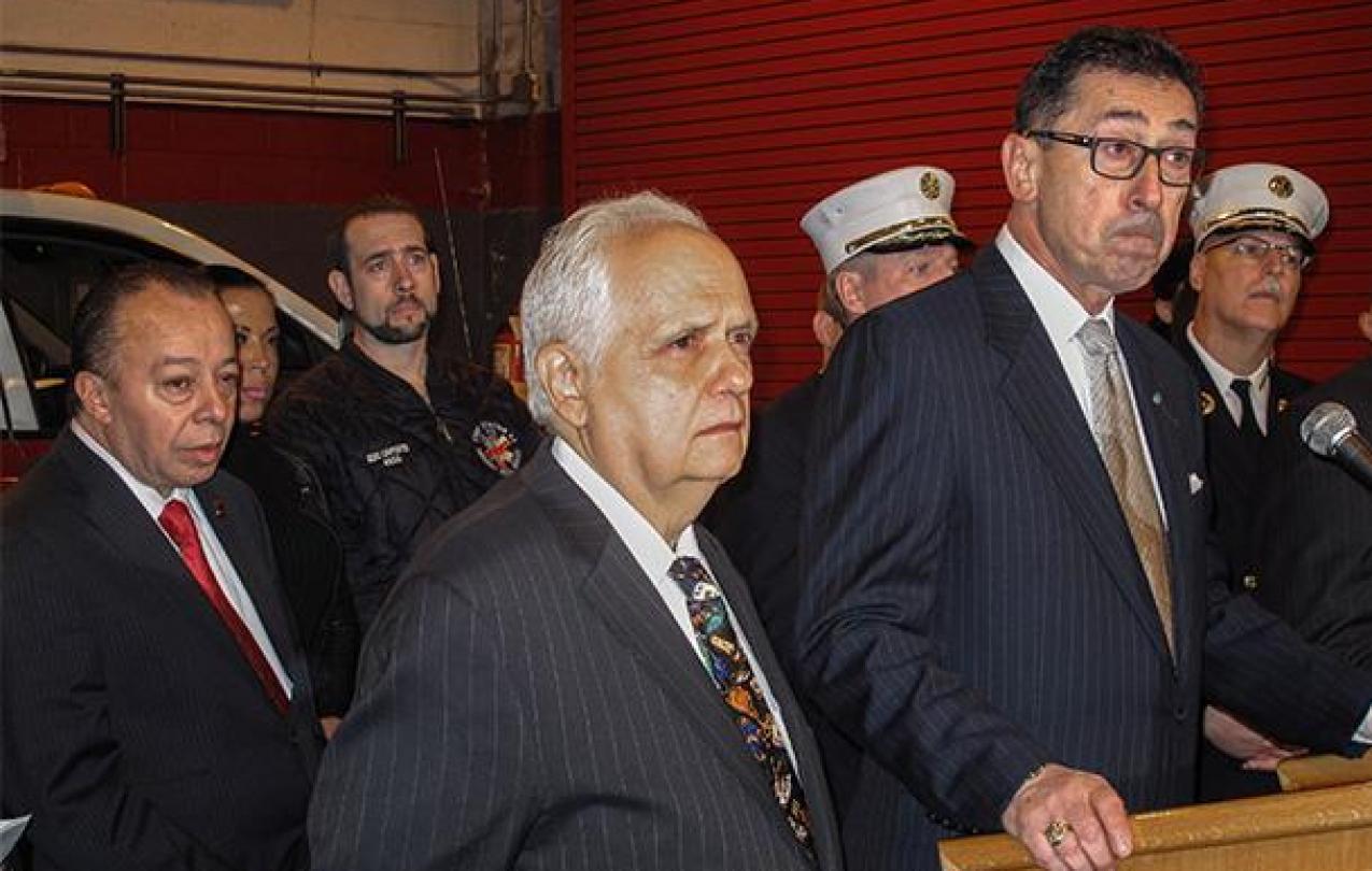 (from left): Local 2507 Pres. Israel Miranda, New York State Assemblyman Joseph Lentol, and New York Fire Department Commissioner Daniel Nigro.
